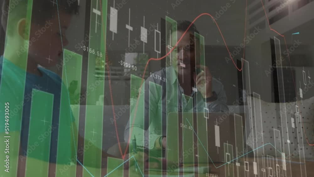Poster animation of data processing over caucasian father and son using laptop
