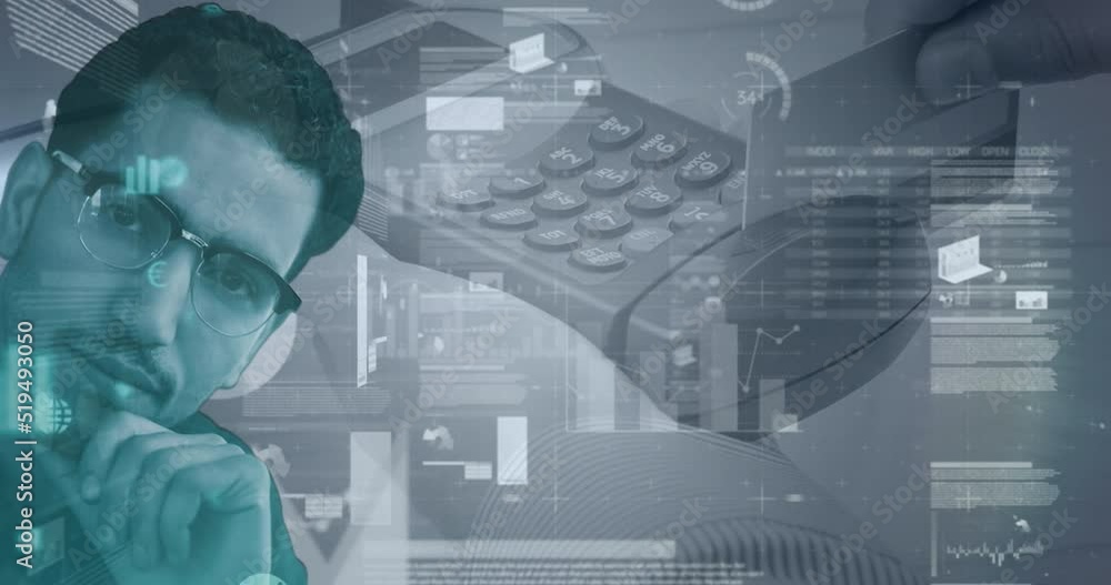 Poster animation of data processing over calculator and caucasian man