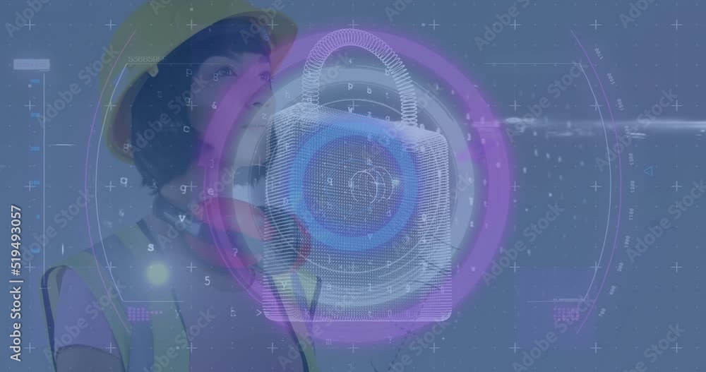 Poster animation of scope scanning with data processing and padlock icon over caucasian female worker