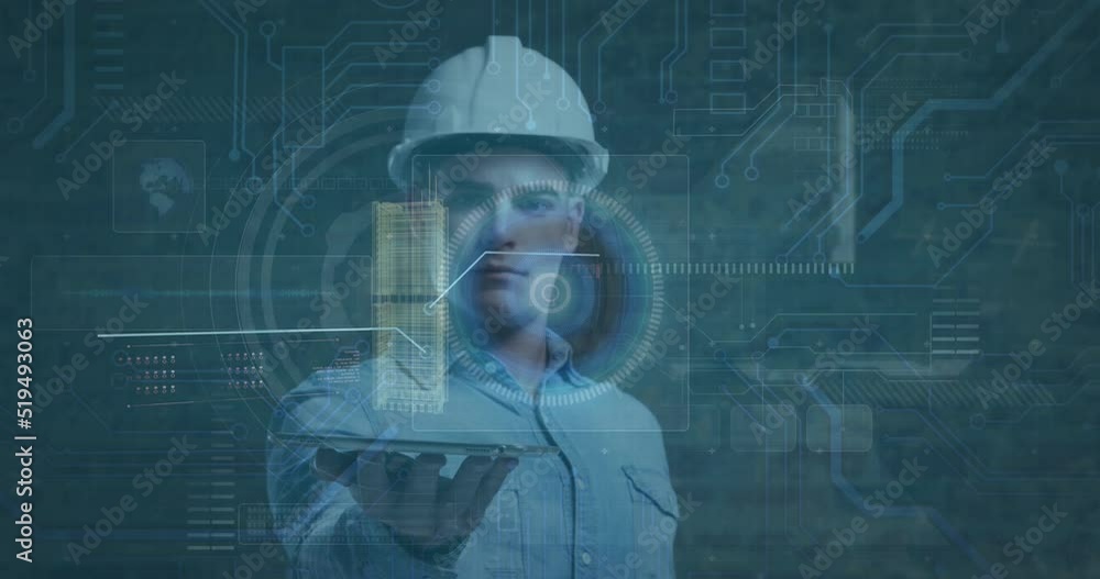 Aufkleber animation of scope scanning with data processing and digital plans over caucasian male worker