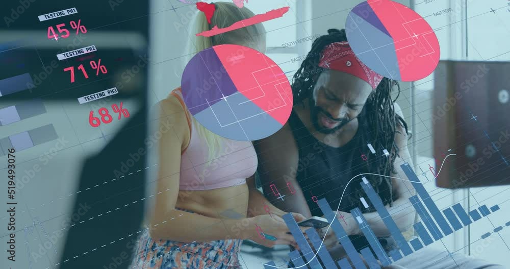 Poster animation of data processing over diverse people using smartphone at gym