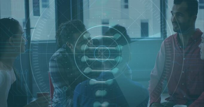 Animation of scope scanning with data processing and dna strand over diverse business people - Powered by Adobe