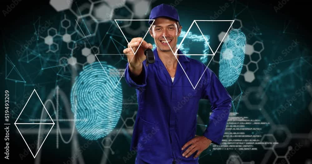 Poster animation of shapes and data processing over caucasian man holding keys