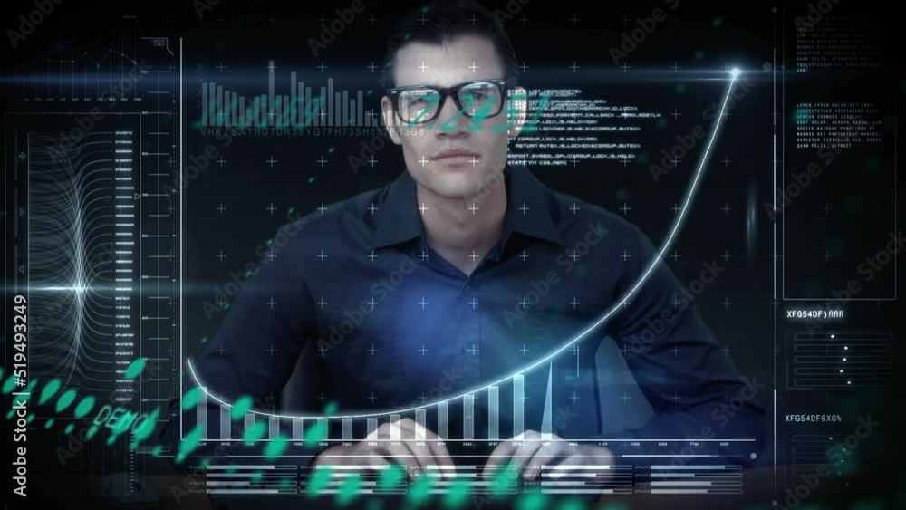 Poster animation of data processing with graph over caucasian man on black background