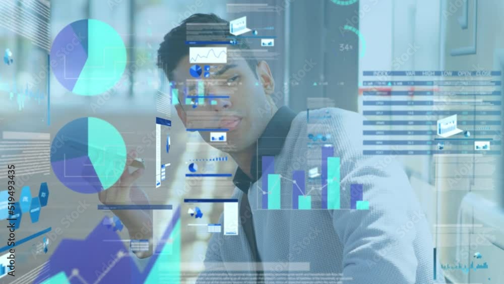 Poster animation of data processing over biracial man talking on smartphone