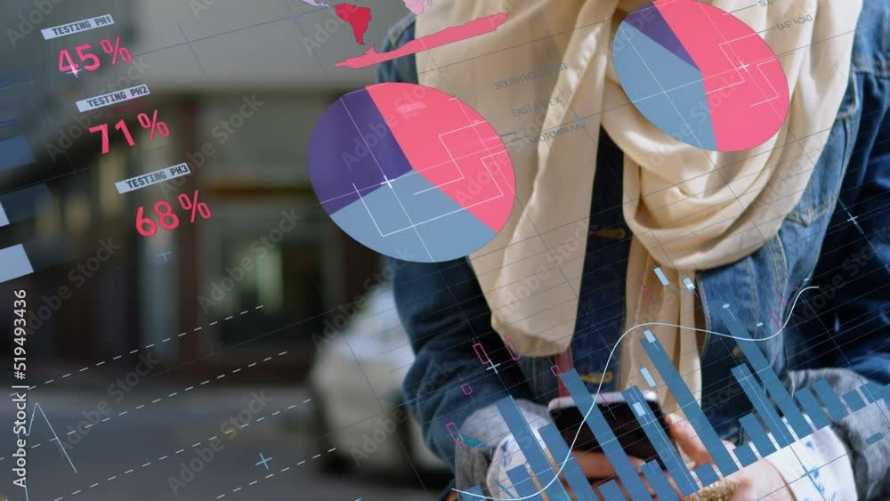 Poster animation of data processing over biracial woman using smartphone