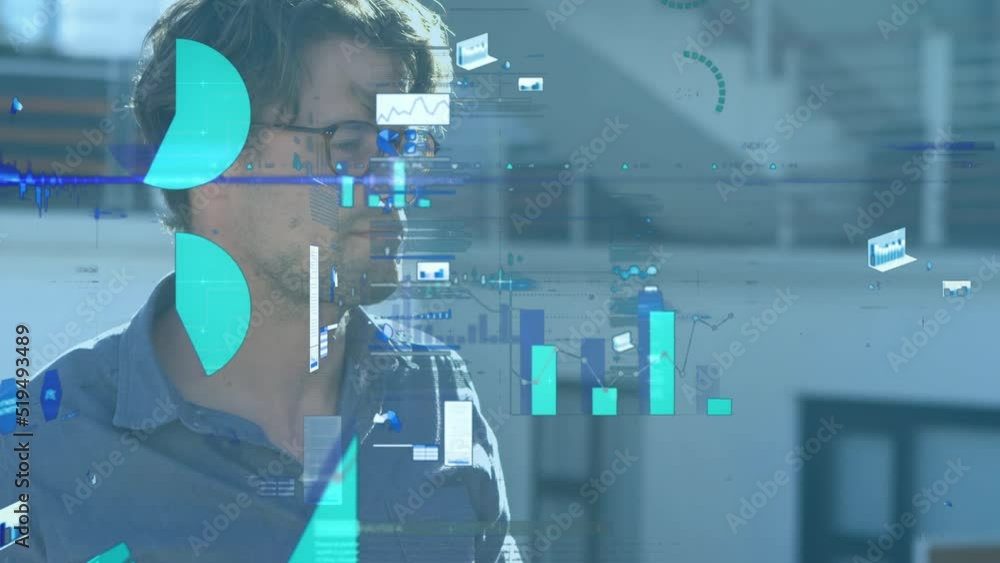 Poster animation of data processing over caucasian man drinking coffee