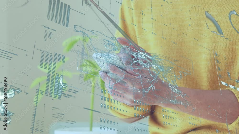 Poster animation of data processing with world map over caucasian man using smartphone