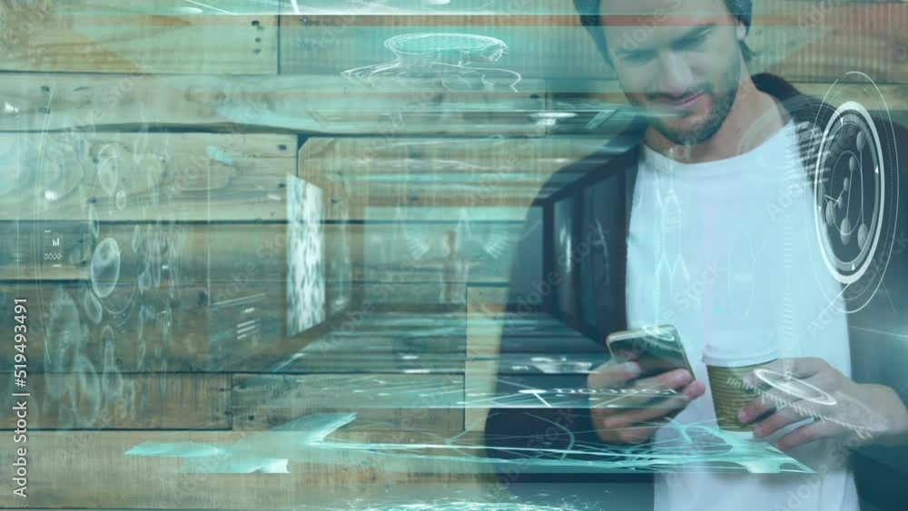Poster animation of data processing over caucasian man using smartphone