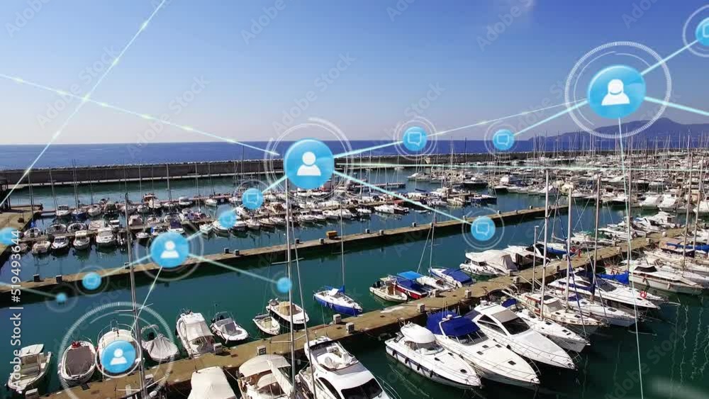 Poster animation of network of connections with icons over port