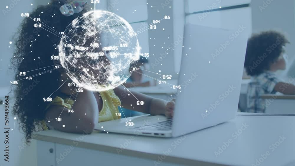 Poster animation of globe with network of connections over diverse schoolchildren using laptops