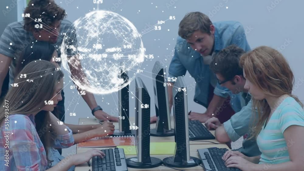 Poster animation of globe with network of connections over diverse students using computers