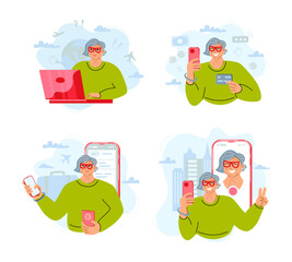 Aged person uses laptop and smartphone for online booking, payment in internet, showing e-ticket and selfie. Oldies traveling, active lifestyle and technology using concepts. Vector.