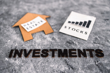 investment opportunities and building wealth, house icon next to stock market stats with text underneath