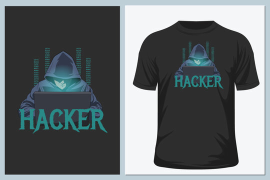 T shirt illustration of a hacker man in a dark hood sitting at a laptop
