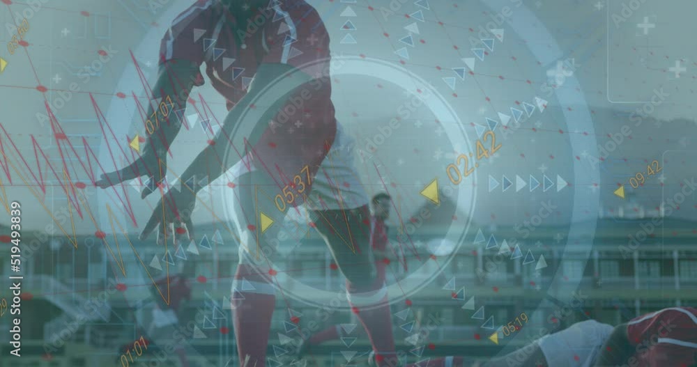 Poster animation of data processing and scope scanning over diverse rugby players at stadium