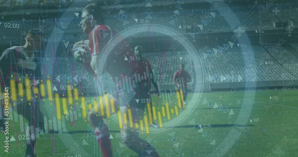 Aufkleber animation of data processing and scope scanning over diverse rugby players at stadium