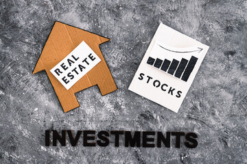 investment opportunities and building wealth, house icon next to stock market stats with text...
