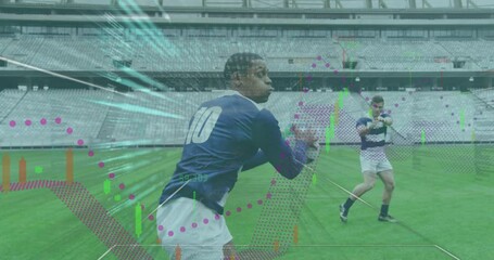 Animation of data processing over diverse rugby players at stadium - Powered by Adobe