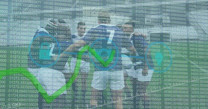 Animation of data processing and icons over diverse rugby players at stadium