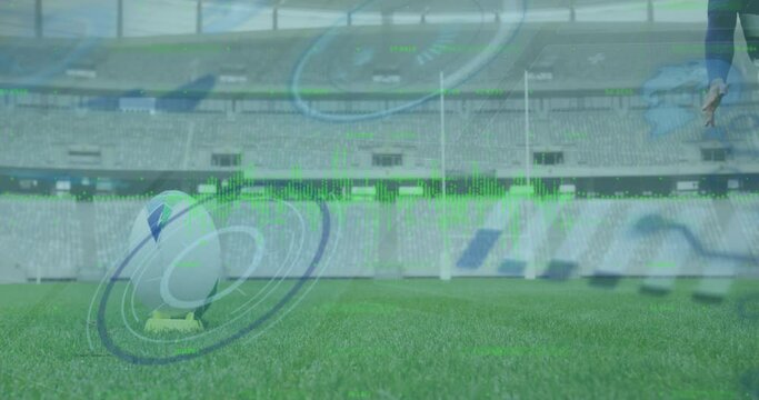 Animation of data processing and scope scanning over african american rugby player at stadium