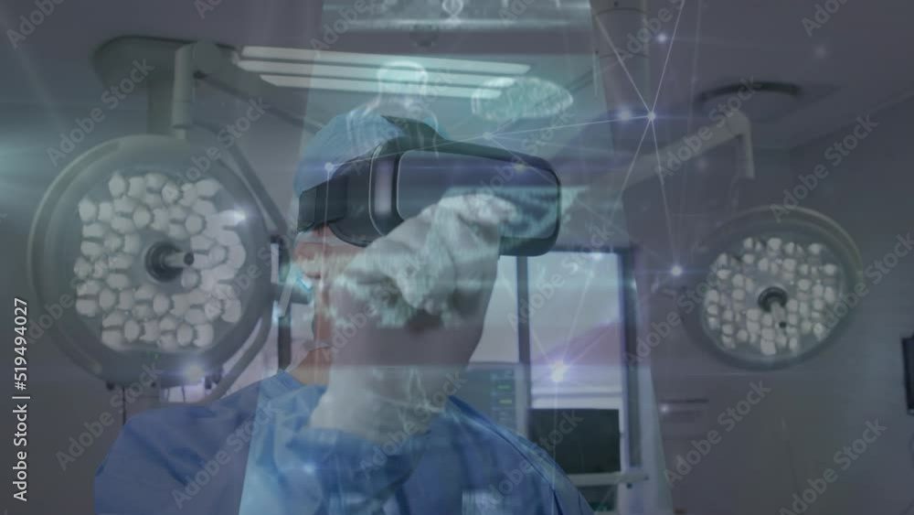 Poster animation of network of connections and data processing over caucasian male doctor using vr headset