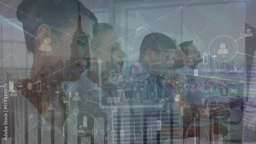 Poster animation of diverse business people with network of connections and data processing over cityscape