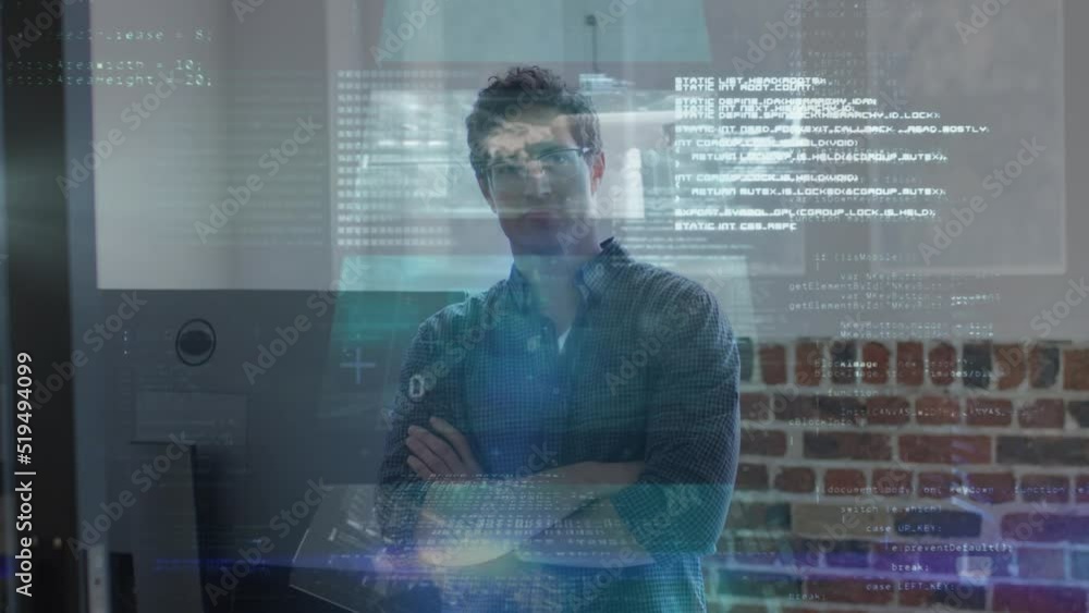 Poster Animation of data processing over caucasian man in office