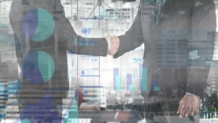 Animation of financial data and graphs over diverse businessmen shaking hands and cityscape - Powered by Adobe