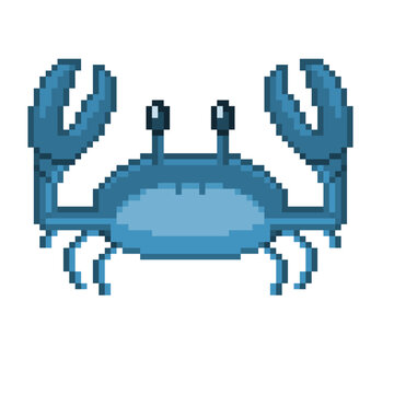 An 8-bit retro-styled pixel-art illustration of a blue crab.