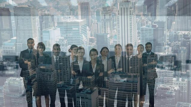 Animation of diverse business people over cityscape
