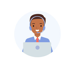 African American young man wearing in headphones, the concept of online customer support.