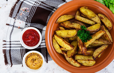 Baked potato wedges with spices. Top view