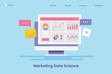 Data science technology in marketing and advertising sector, business analytics software displaying information and statistics, web banner template.