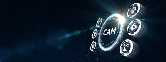 CAM Computer-aided manufacturing industrial technology automation concept. 3d illustration