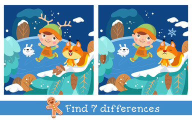 Find 7 differences. Game for children. Cute boy on forest skating rink. Vector hand drawn illustration.