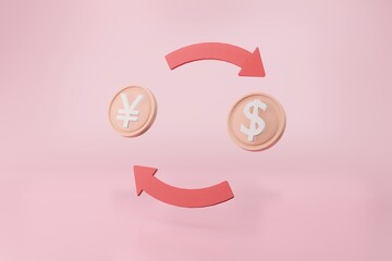 Dollar Yen Exchange red arrow. Realistic 3D ilusstration Financial icon for stock market Crypto or Forex foreign exchange