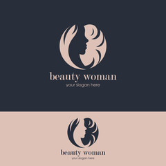 Linear simple logo female face smelling tulip at hand drawn circle frame for beauty spa salon vector illustration. Woman with flower at rounded border feminine cosmetic cosmetology skin care wellness
