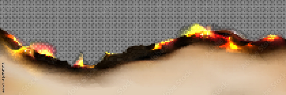 Poster burnt paper edge with fire and black ash isolated on transparent background. vector realistic border