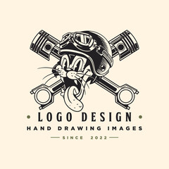 Cat Emblem with vintage piston.garage motorcycle logo template.