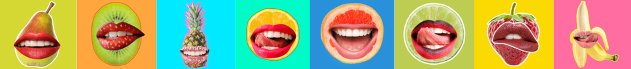 Funny ripe fruits with lips on color background