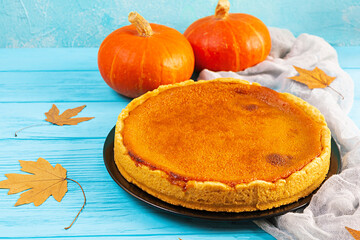 Delicious pumpkin tart. Homemade pie for Thanksgiving Day or Halloween. Autumn concept