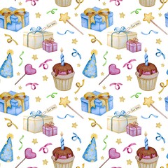 Fototapeta na wymiar Watercolor seamless pattern with birthday cupcake.