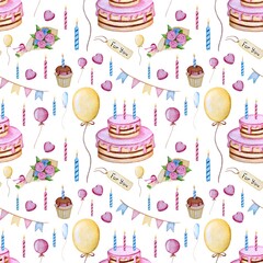 Watercolor seamless pattern with birthday cake and candles.