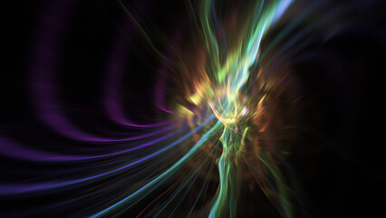 Abstract violet and gold glowing shapes. Fantastic light background. Digital fractal art. 3d rendering.