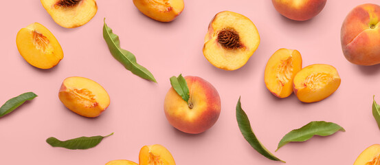 Many ripe peaches on pink background. Pattern for design