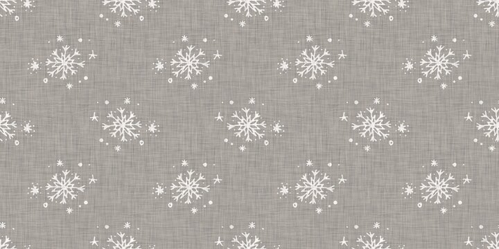 Seamless christmas snowflake woven linen border. Two tone seasonal grey farmhouse frost edging. Holiday textile for french Xmas snow washi tape.