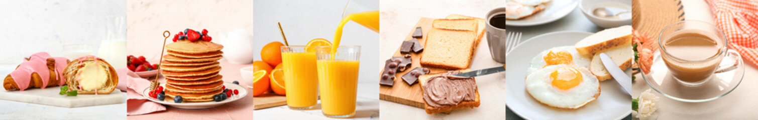 Set of cooked breakfasts on light background