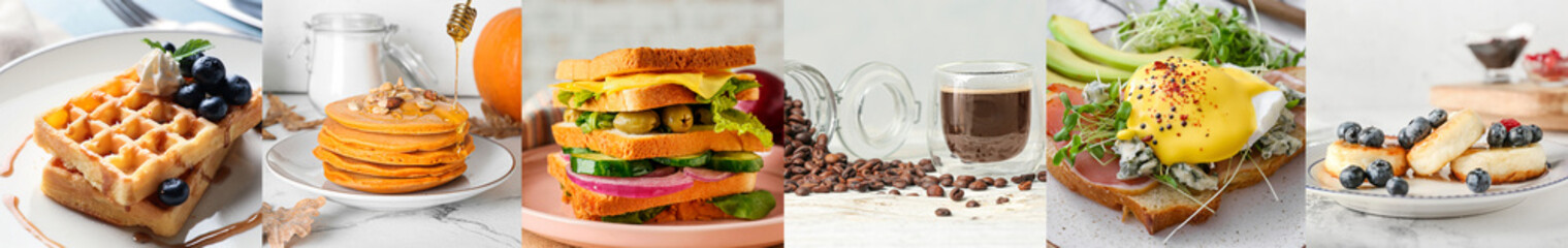 Collage of natural breakfasts on light background