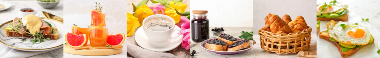 Collection of delicious breakfasts on light background